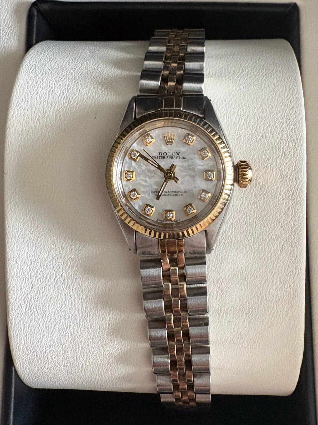 Rolex TwoTone Ladies Watch With MotherOfPearl Dial And Diamond Markers